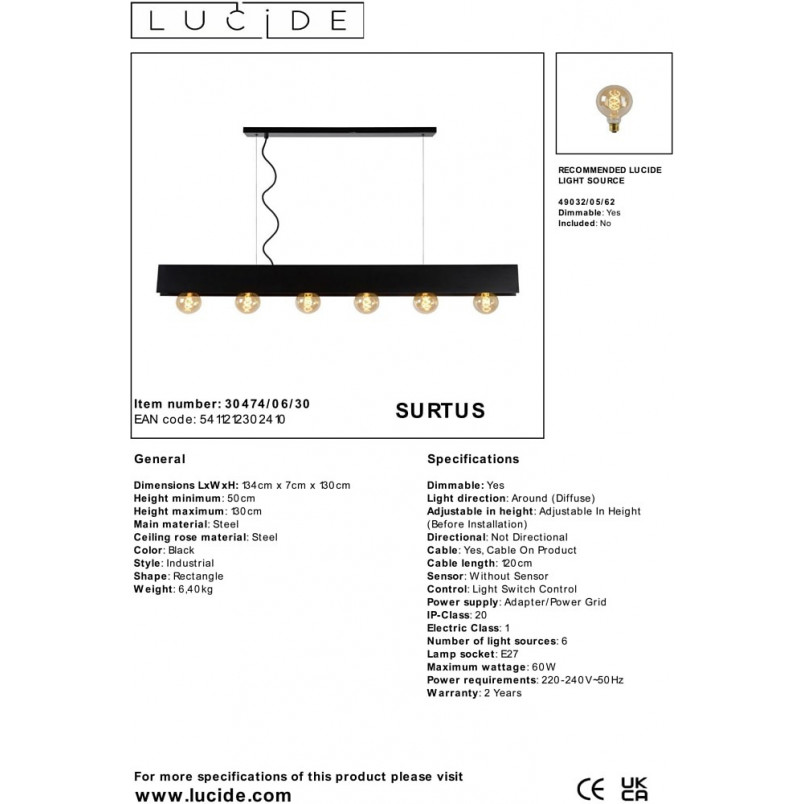 Lampa Wisząca Loft Surtus VI | Czarna, 134cm | Lucide