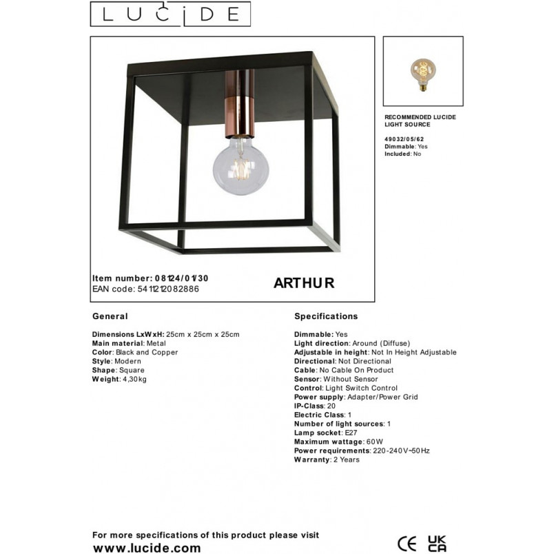 Plafon Loft Arthur czarny 25x25cm | Lucide - Kup teraz!