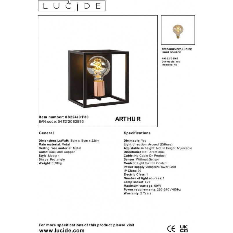 Kinkiet Loft Arthur Czarny Lucide | Nowoczesne Oświetlenie