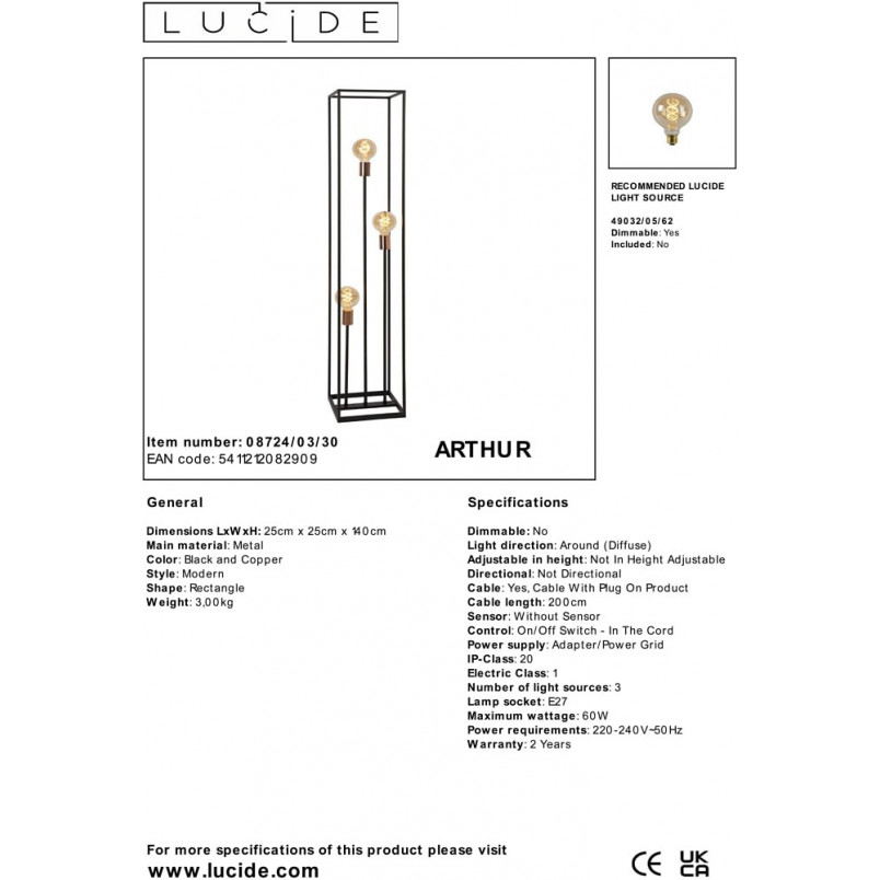 Lampa Podłogowa Loft Czarna Lucide - Arhtur | Kup Teraz