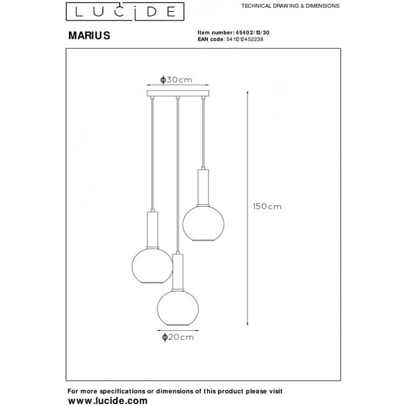 Lampa wisząca Marius III Lucide | 3 szkło dymione, E27