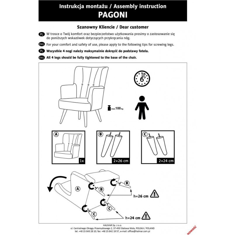 Fotel welurowy "Uszak" Pagoni czarny Halmar - Komfort i styl