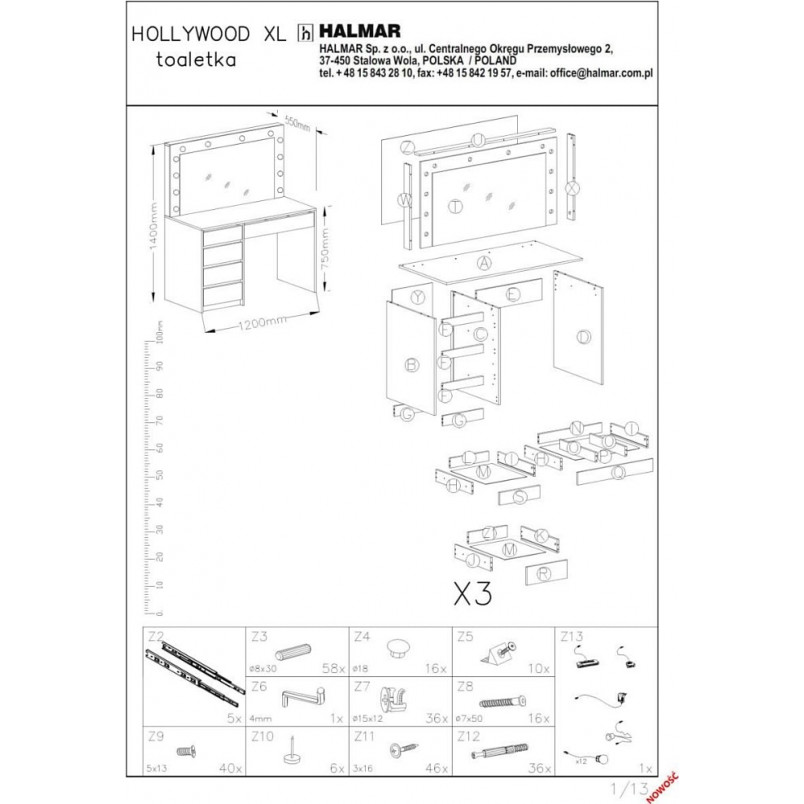 Toaletka z szufladami i lustrem Hollywood XL biała Halmar | 120x55cm