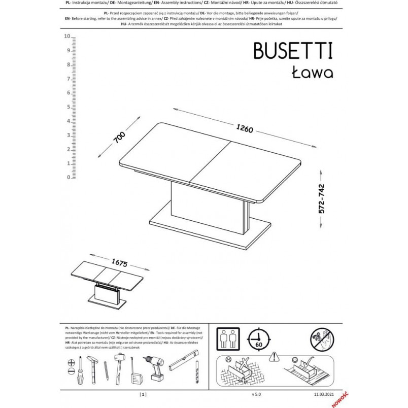 Stolik kawowy rozkładany Busetti 126x70cm biały mat Halmar
