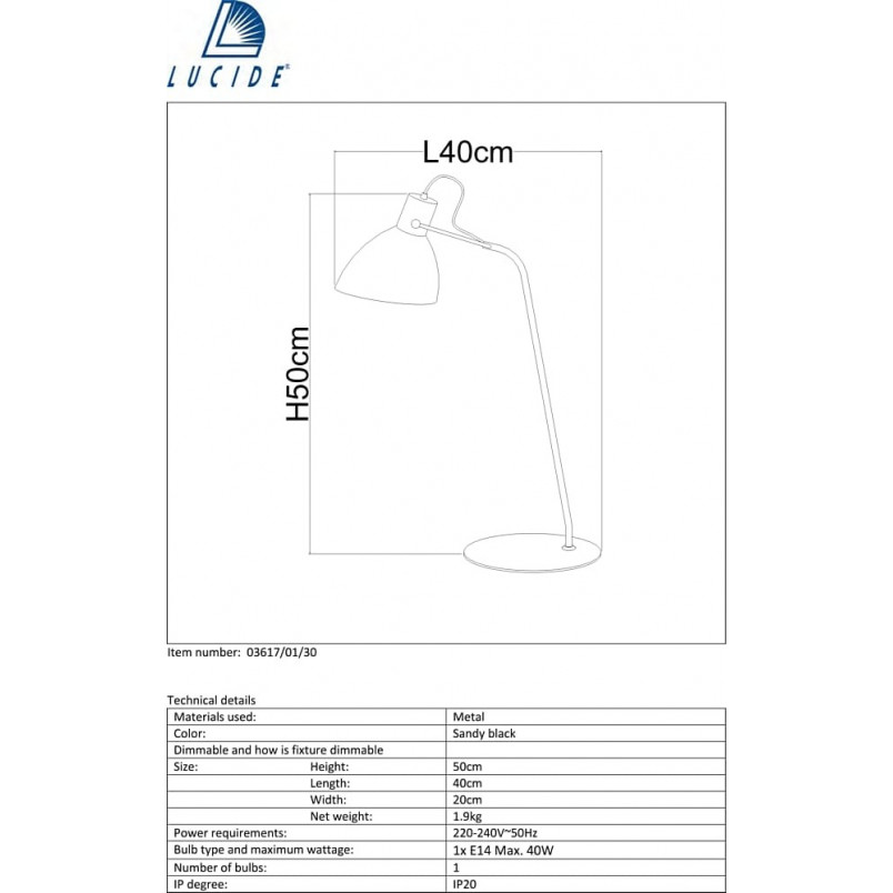 Lampa biurkowa loft Shadi czarna | Lucide - Kup teraz!