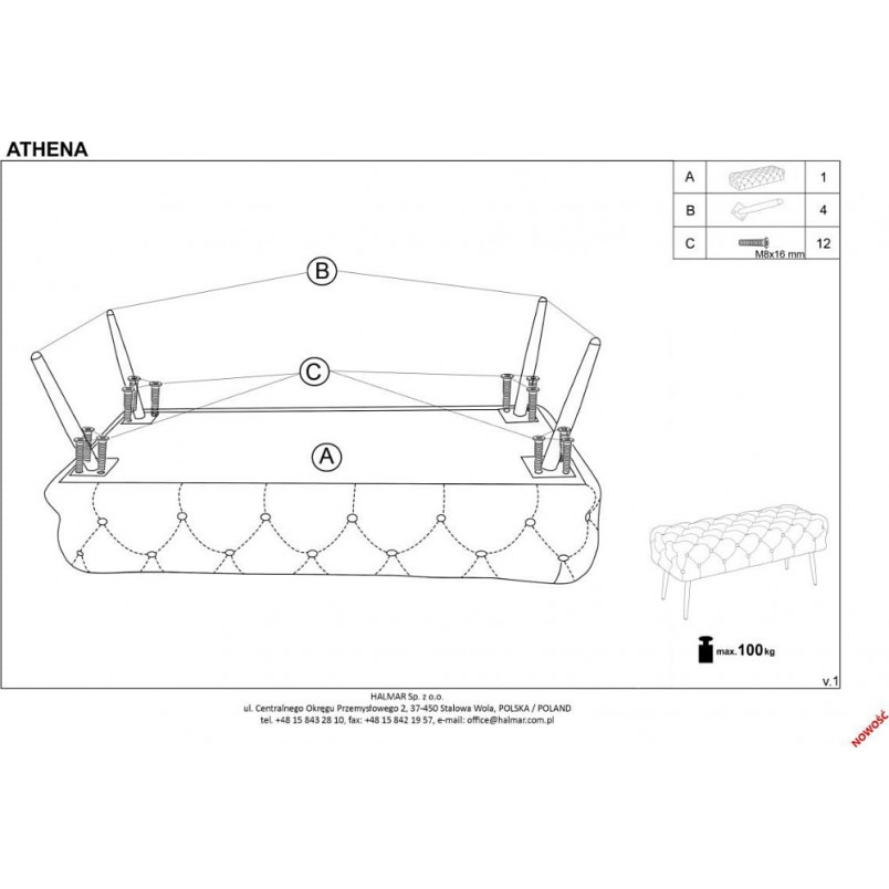 Ławka welurowa różowa Athena Halmar | Elegancki design