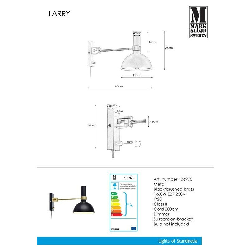 Kinkiet na wysięgniku Larry Gold czarny - Markslojd