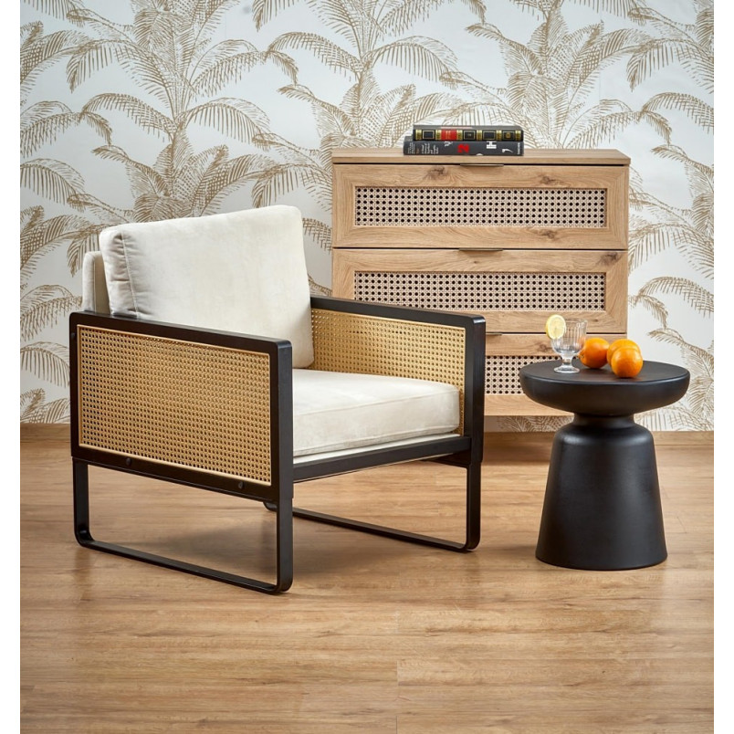 Fotel welurowy boho Ilario beż / czarny / rattan Halmar