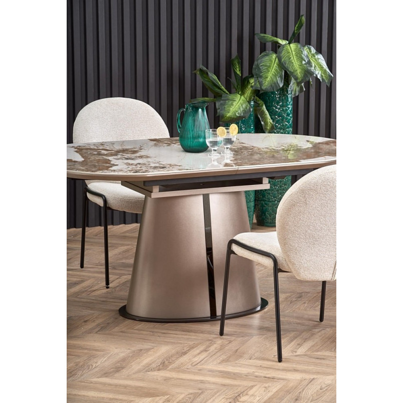 Stół rozkładany na jednej nodze Robinson 160x90cm beżowy marmur / cappuccino / czarny Halmar