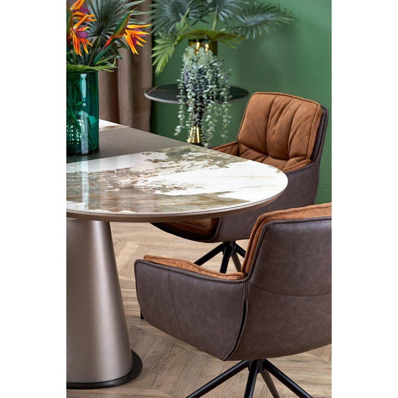 Stół rozkładany na jednej nodze Robinson 160x90cm beżowy marmur / cappuccino / czarny Halmar