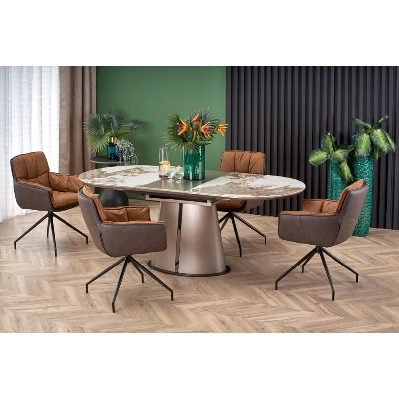 Stół rozkładany na jednej nodze Robinson 160x90cm beżowy marmur / cappuccino / czarny Halmar