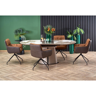 Stół rozkładany na jednej nodze Robinson 160x90cm beżowy marmur / cappuccino / czarny Halmar