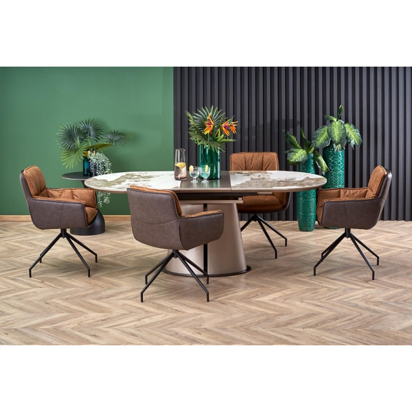 Stół rozkładany na jednej nodze Robinson 160x90cm beżowy marmur / cappuccino / czarny Halmar