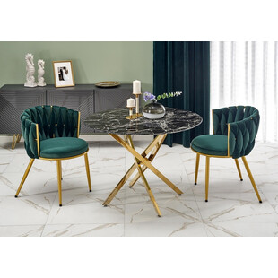 Stół szklany glamour Raymond 100cm czarny marmur / złoty Halmar