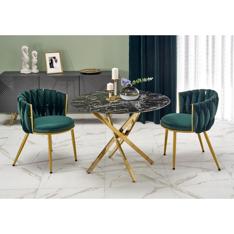 Stół szklany glamour Raymond 100cm czarny marmur / złoty Halmar