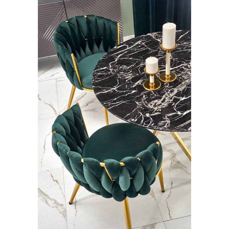 Stół szklany glamour Raymond 100cm czarny marmur / złoty Halmar