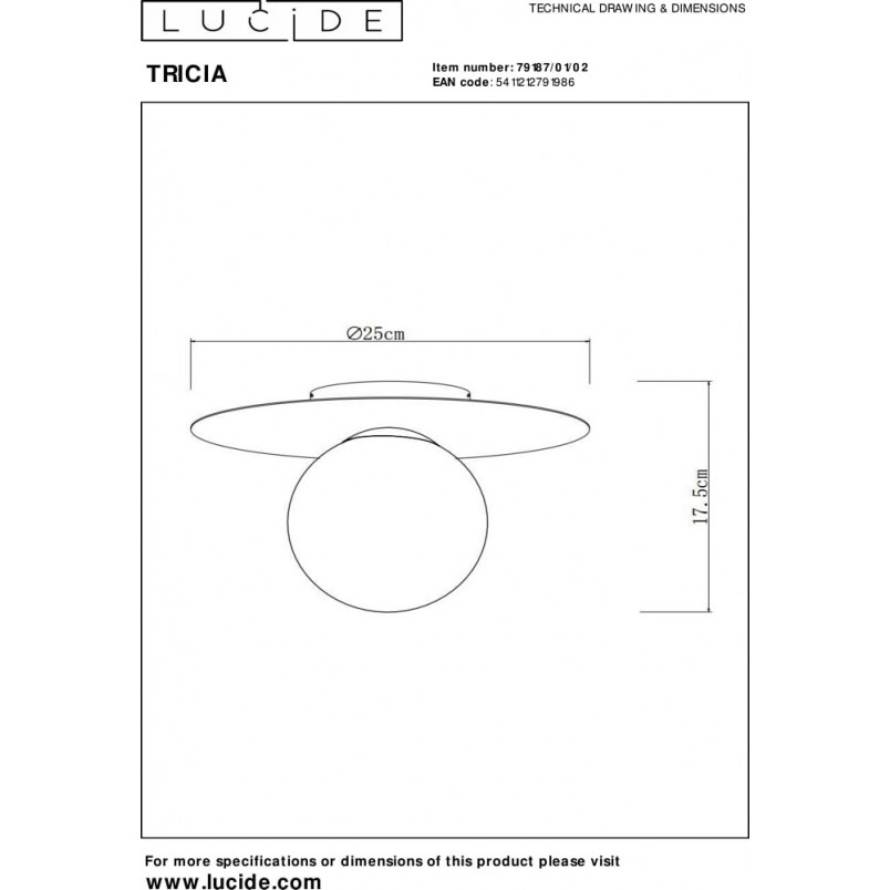 Plafon Lucide Tricia: Szklana Kula 25cm - Biały/Mosiądz