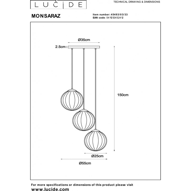 Lampa wisząca 3 szklane kule Monsaraz zielony / bursztynowy Lucide