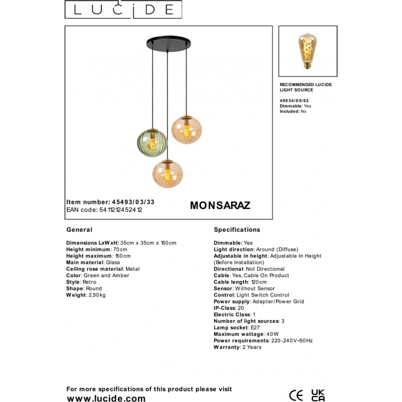 Lampa wisząca 3 szklane kule Monsaraz zielony / bursztynowy Lucide