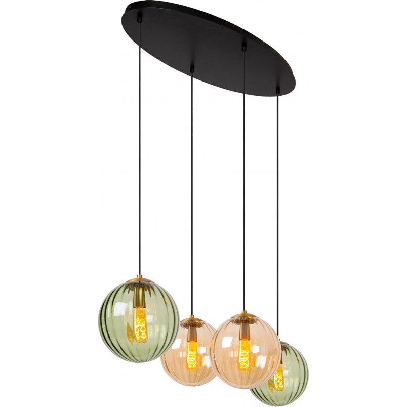 Lampa wisząca 4 szklane kule Monsaraz 95cm zielony / bursztynowy Lucide