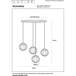 Lampa wisząca 4 szklane kule Monsaraz 95cm zielony / bursztynowy Lucide
