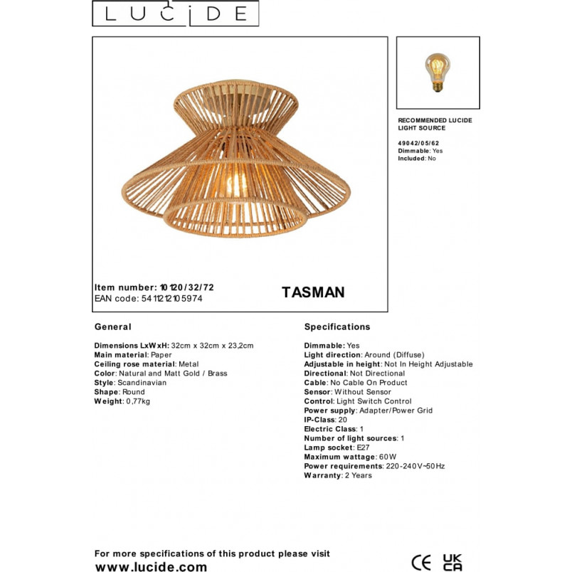 Plafon pleciony boho Tasman 32cm Lucide