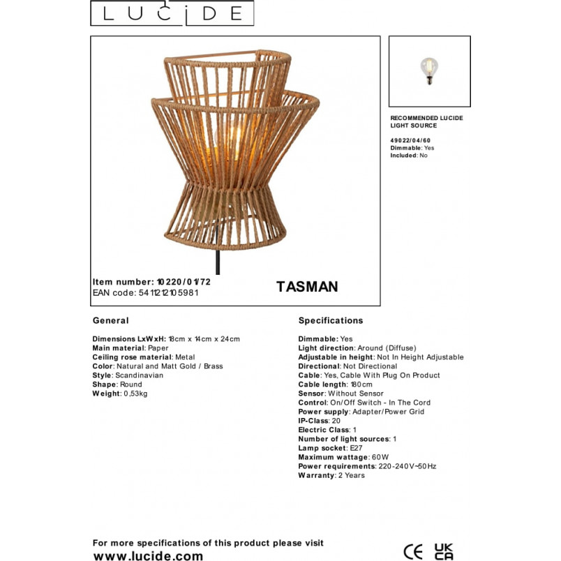Kinkiet Boho Tasman Lucide | Brązowy, Papier | Kup online