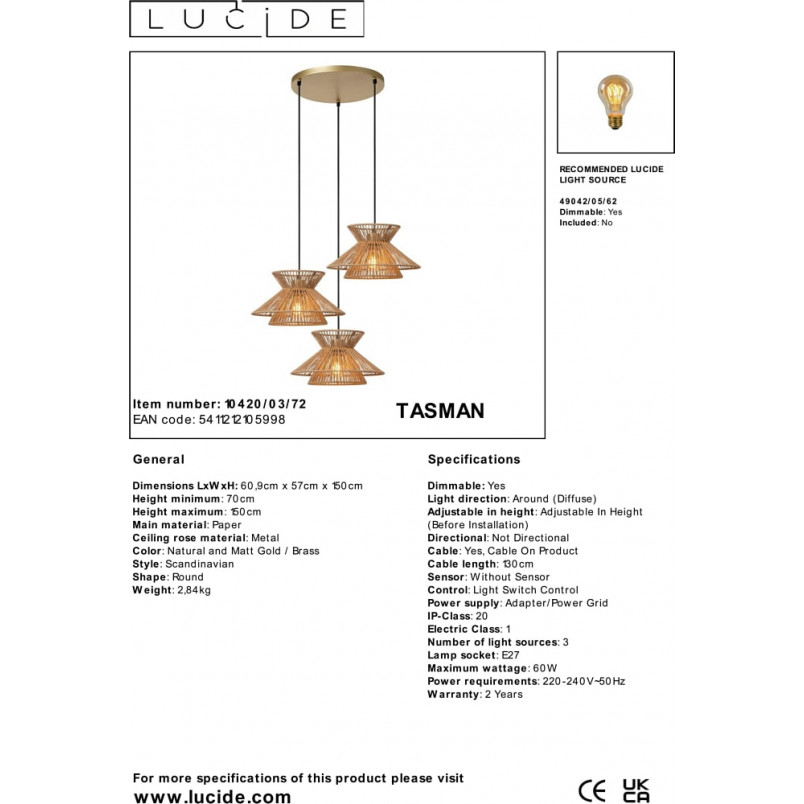 Lampa Wisząca Boho Tasman III | Lucide - Brązowa, Papierowa