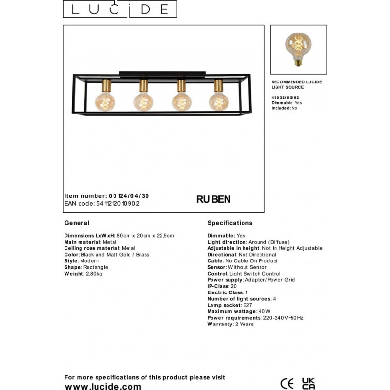 Plafon Loft Ruben | Czarny, Metalowy | Lucide