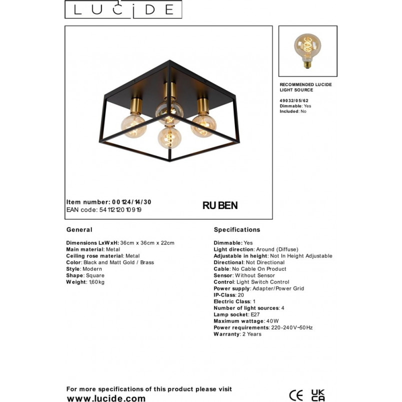 Plafon druciany loft Ruben 36x36cm czarny / mosiądz Lucide