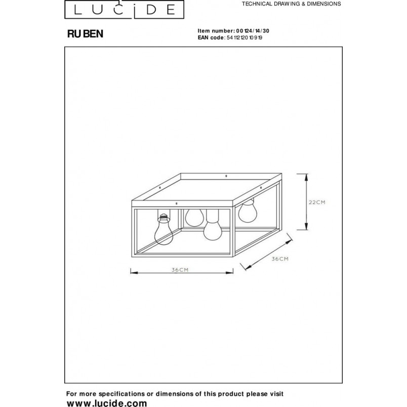 Plafon druciany loft Ruben 36x36cm czarny / mosiądz Lucide