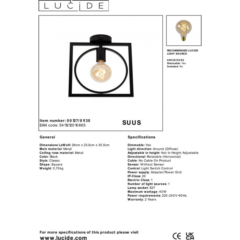 Plafon Loft Czarny Suus | Lucide - Oświetlenie E27