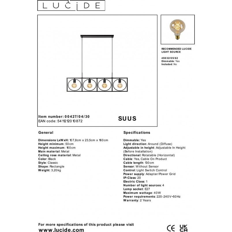 Lampa Wisząca Loft Suus | 4 punkty | Czarna | Lucide