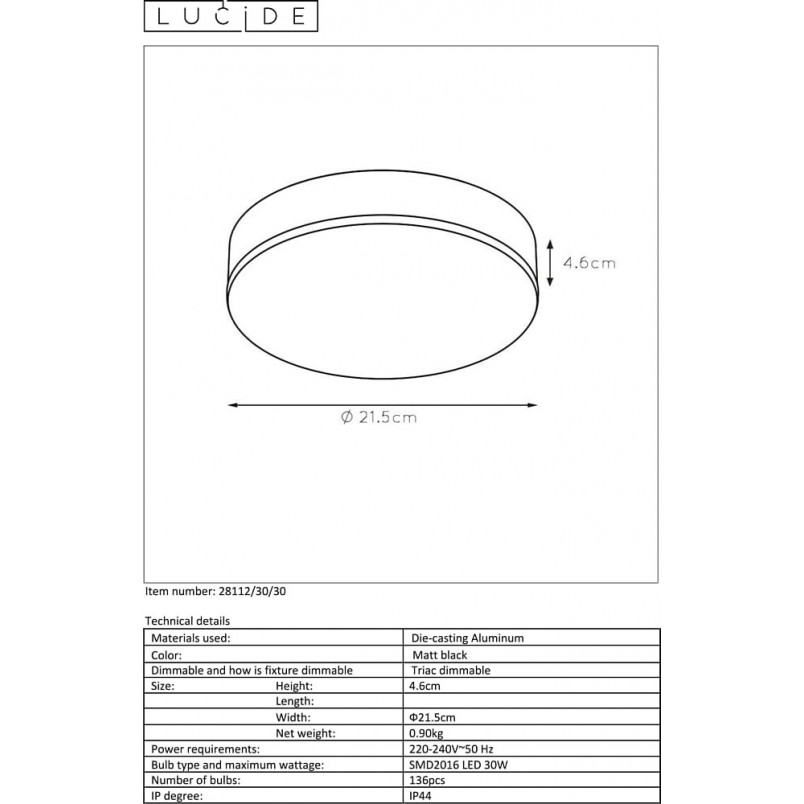 Plafon LED Ceres czarny Lucide | Minimalistyczny design