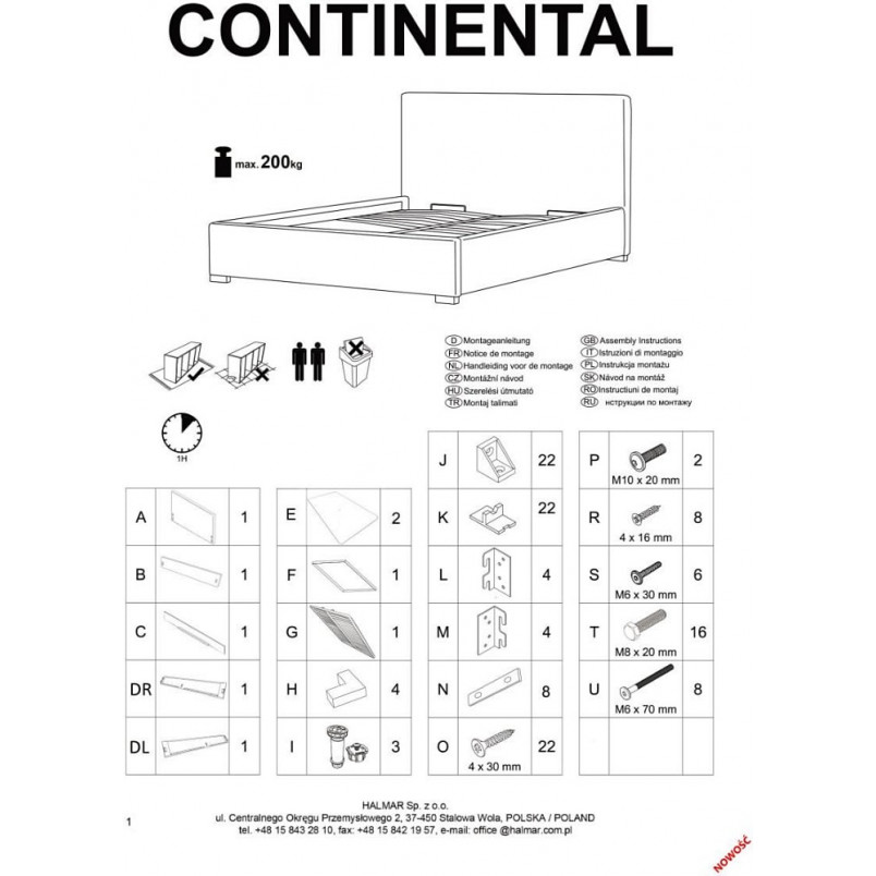 Łóżko welurowe 160x200 szare Halmar Continental II - z pojemnikiem