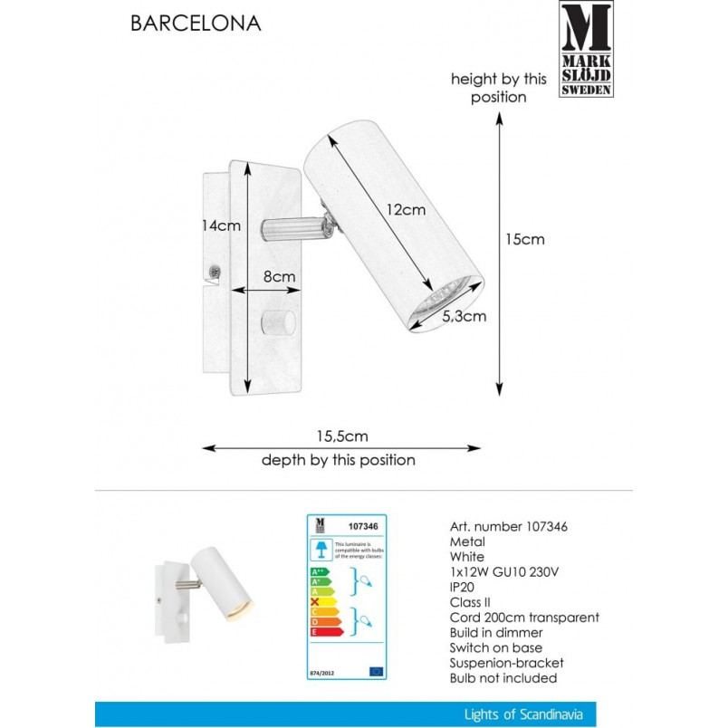 Kinkiet Barcelona biały [OUTLET] - Ściemniacz, wtyczka
