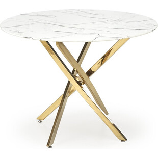 Stół szklany glamour Raymond 100cm biały marmur / złoty Halmar