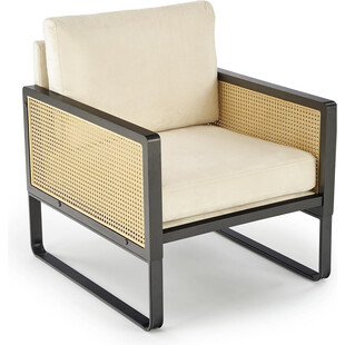 Fotel welurowy boho Ilario beż / czarny / rattan Halmar