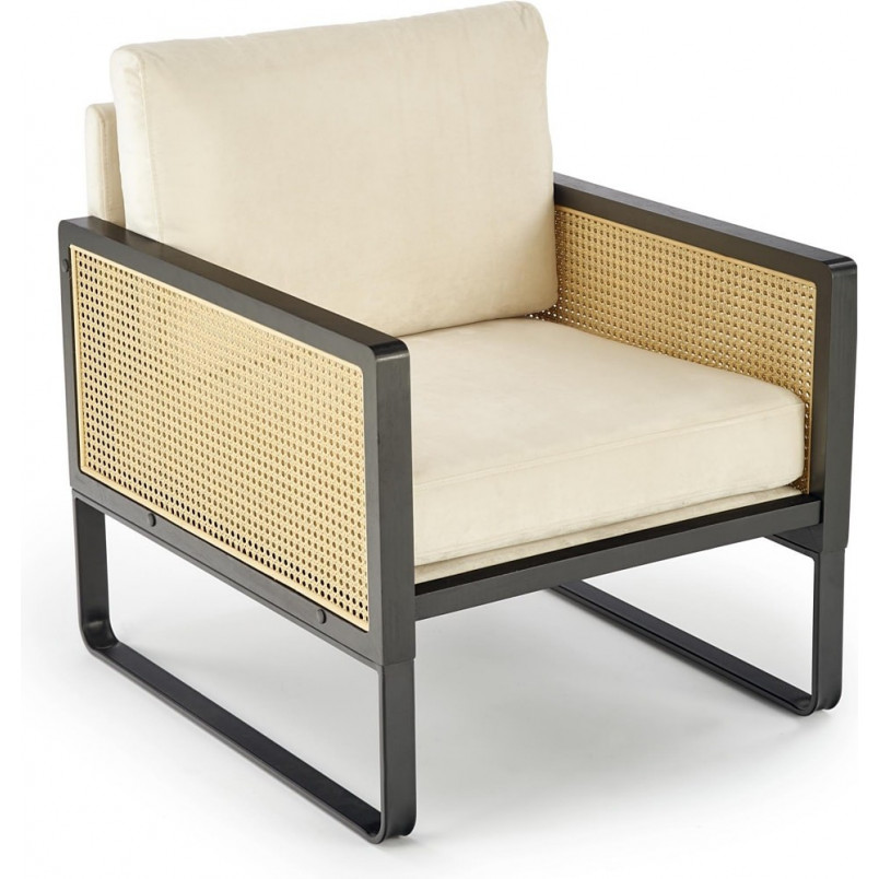 Fotel welurowy boho Ilario beż / czarny / rattan Halmar
