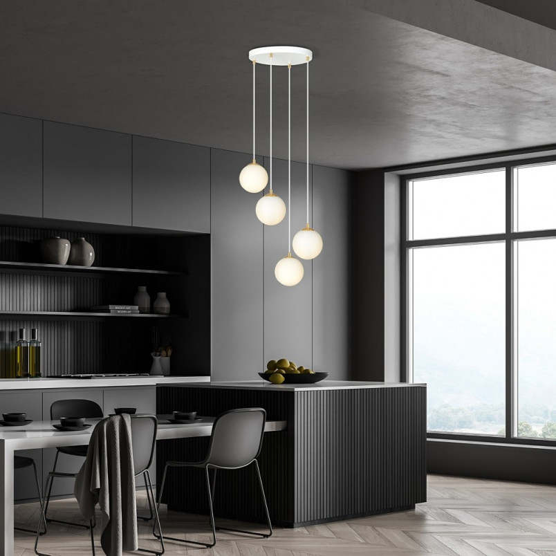 Lampa wisząca 4 szklane kule Royal 40cm biały / złoty Emibig
