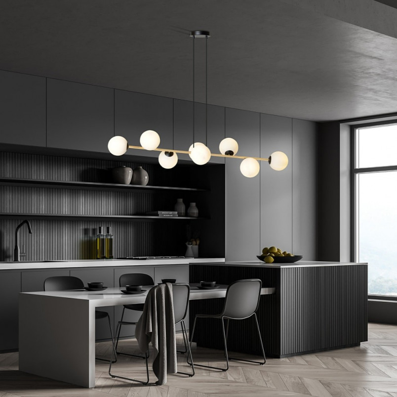 Lampa wisząca podłużna szklane kule Gravity VIII 140cm biały / złoty / czarny Emibig
