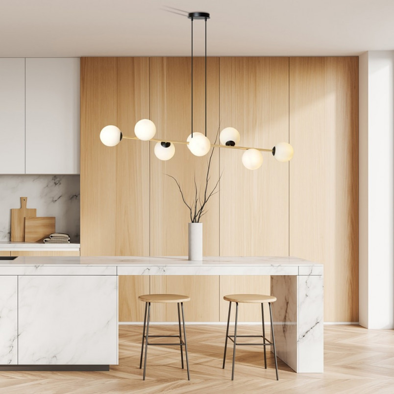 Lampa wisząca podłużna szklane kule Gravity VIII 140cm biały / złoty / czarny Emibig