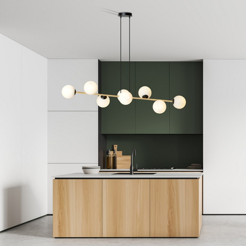 Lampa wisząca podłużna szklane kule Gravity VIII 140cm biały / złoty / czarny Emibig