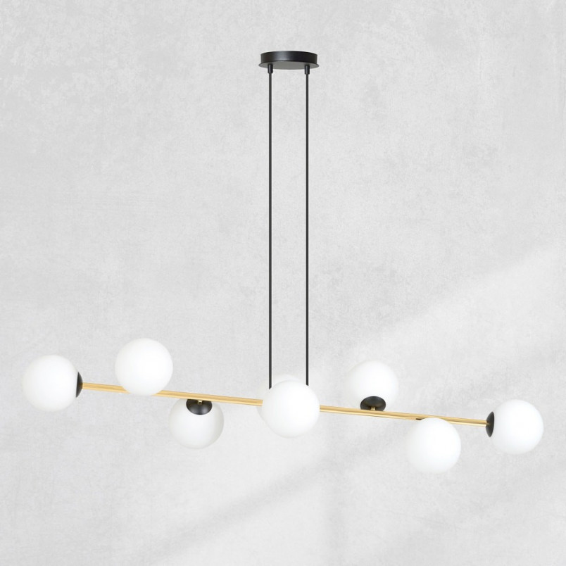 Lampa wisząca podłużna szklane kule Gravity VIII 140cm biały / złoty / czarny Emibig