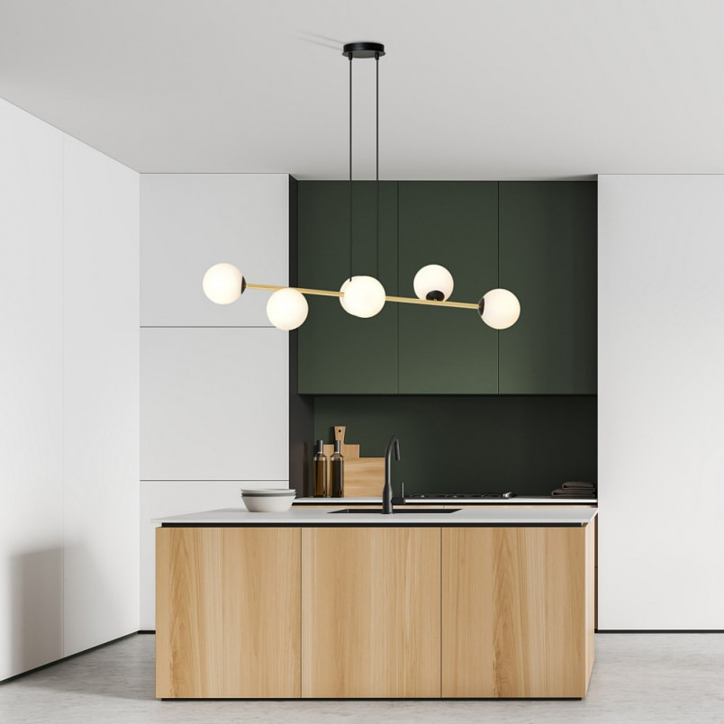 Lampa wisząca podłużna szklane kule Gravity IV 110cm biały / złoty / czarny Emibig