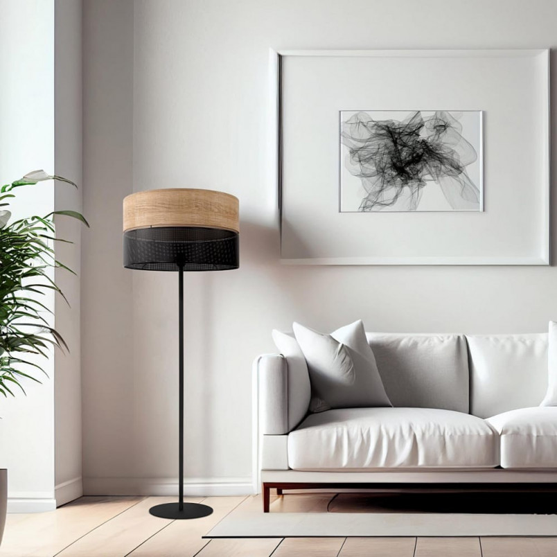 Lampa podłogowa ażurowa z drewnem Nicol czarna TK Lighting