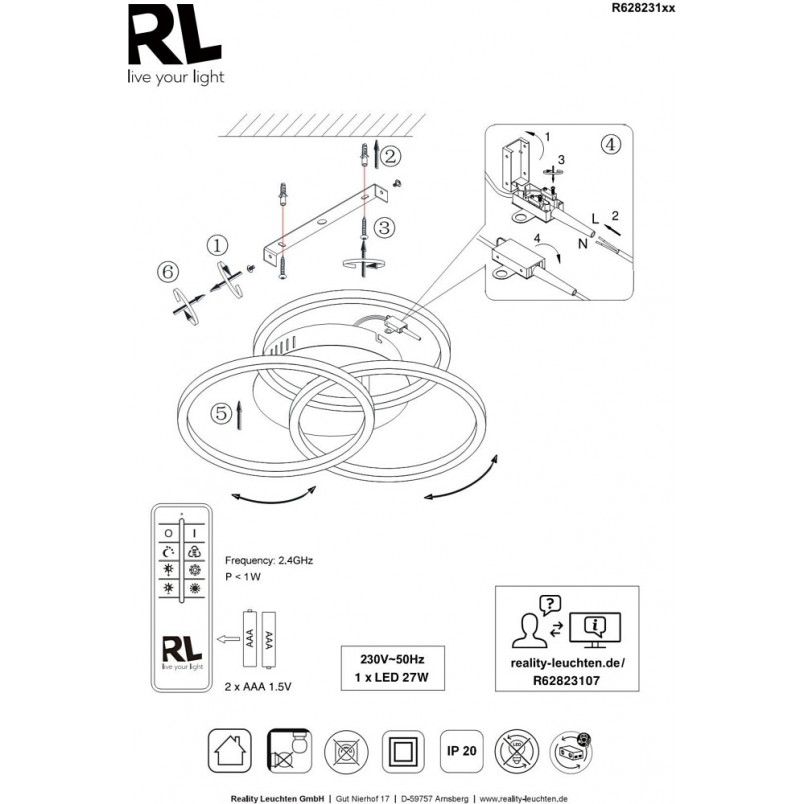 Plafon LED Circle 43cm - Pilot, Ściemniacz | Reality