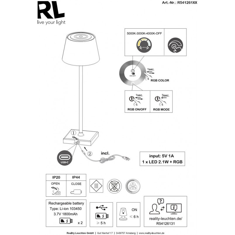 Lampa zewnętrzna na stół z usb i ściemniaczem Sanchez LED biała Reality