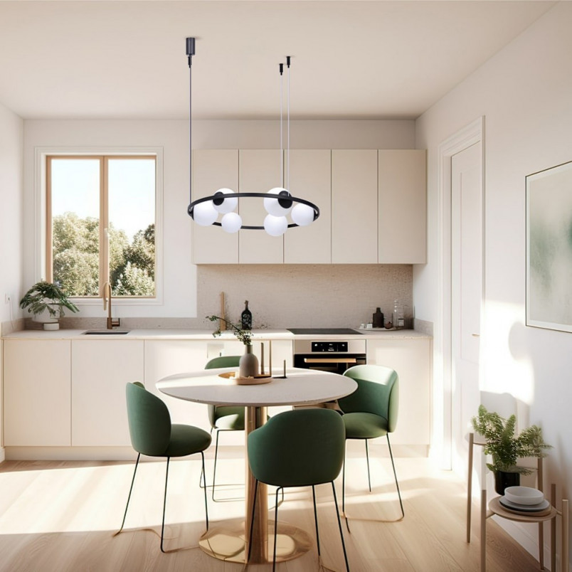 Lampa wisząca Orbit: 6 szklanych kul, nowoczesny design