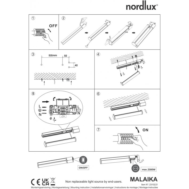 Kinkiet LED Malaika Nordlux | Czarny, IP44, 68cm